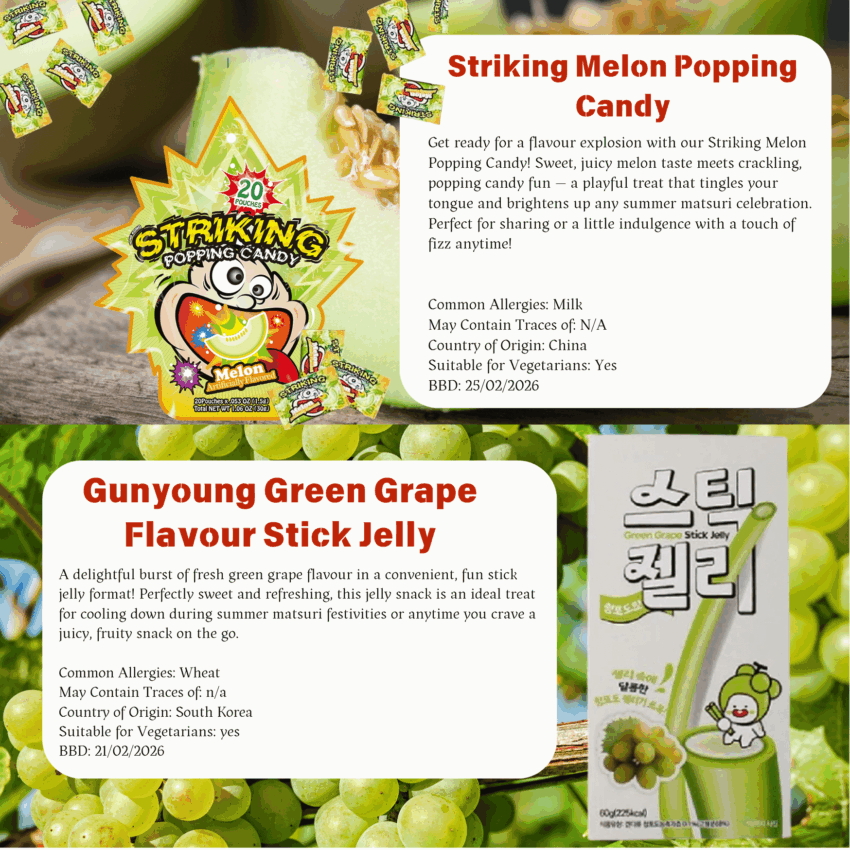 Article about Striking Popping Candy in melon flavour and Gunyoung Green Grape Flavour jelly sticks
