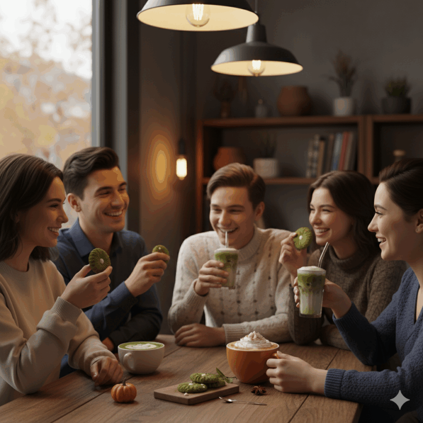 young people in a cosy coffee shop all enjoying matcha lattes