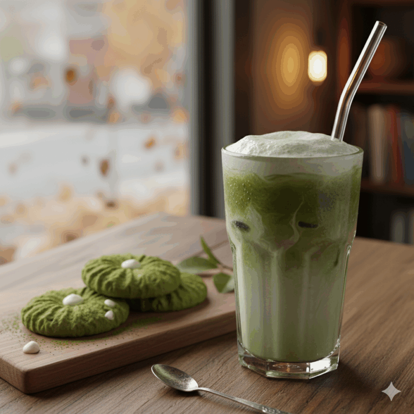 matcha latte in a tall glass, with some matcha cookies on the side