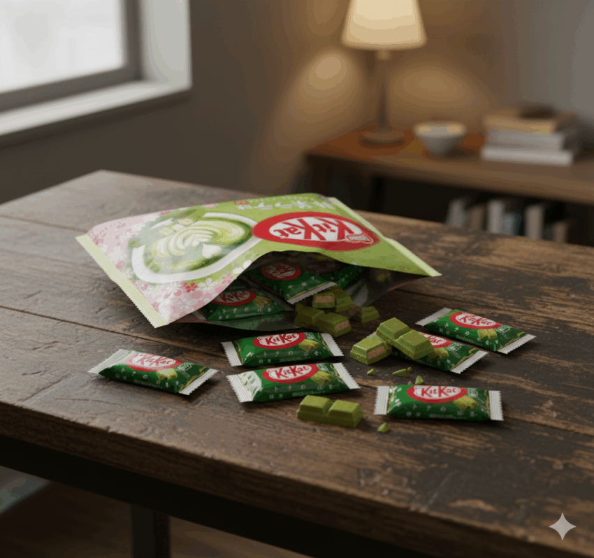bag of matcha kitkats, opened with the individual packets spilling out on to the table