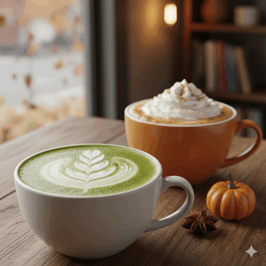 a pumpkin latte and a matcha latte next to each other, but with the matcha latte more in the foreground