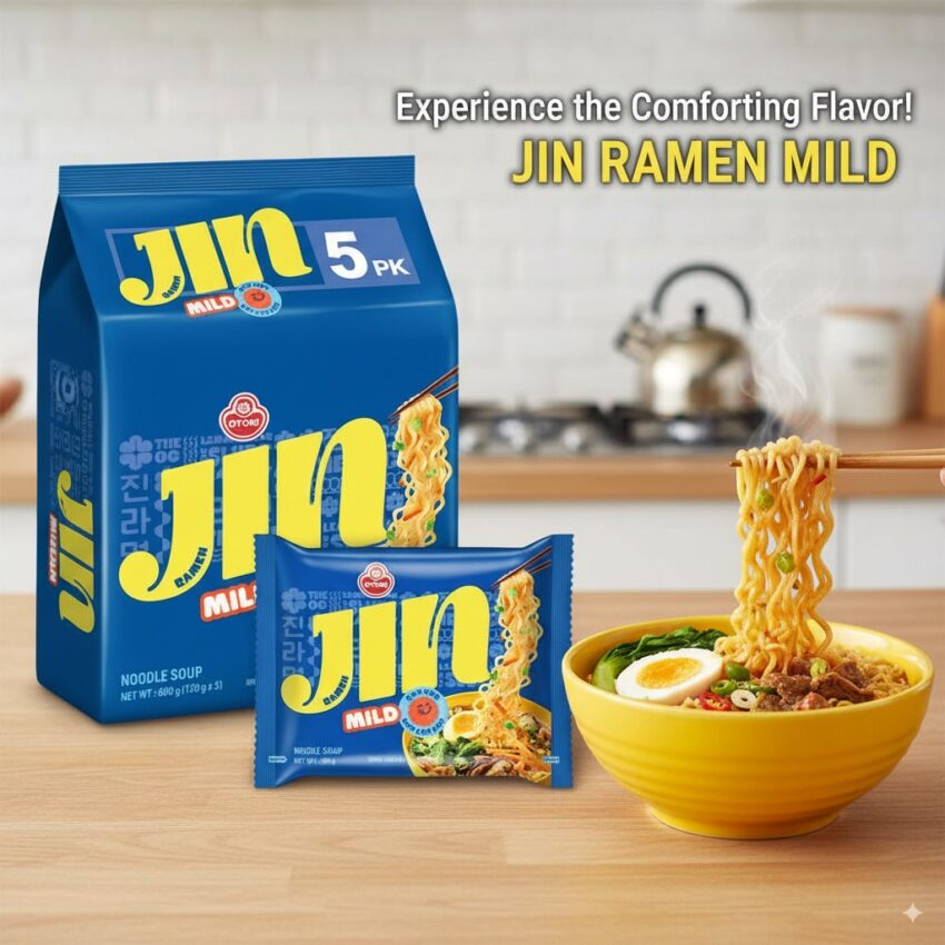 Packets of jin ramen mild ramen noodles next to a cooked bowl of noodles being eaten with some chopsticks