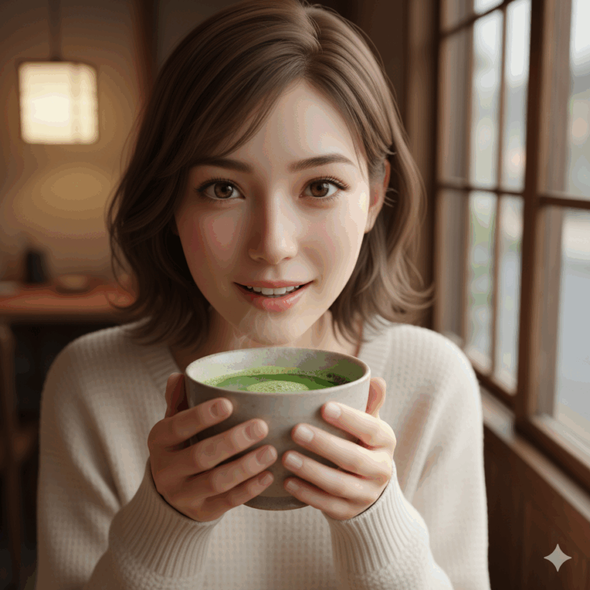 a Japanese girl holding a mug of matcha tea