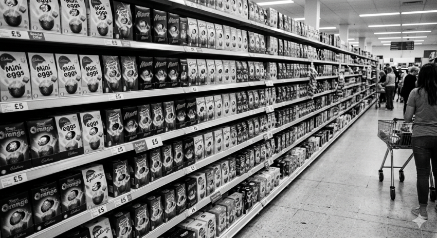 Monochrome image of easter eggs on shelves ina supermarket