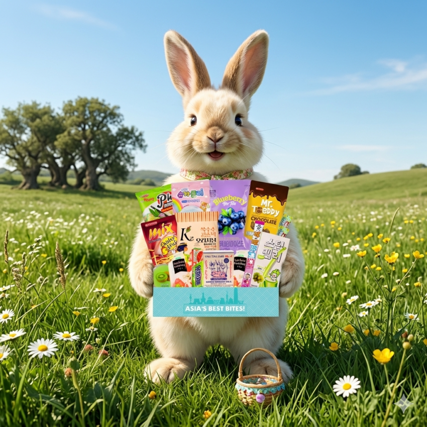 easter bunny holding an oisoy asian snack box