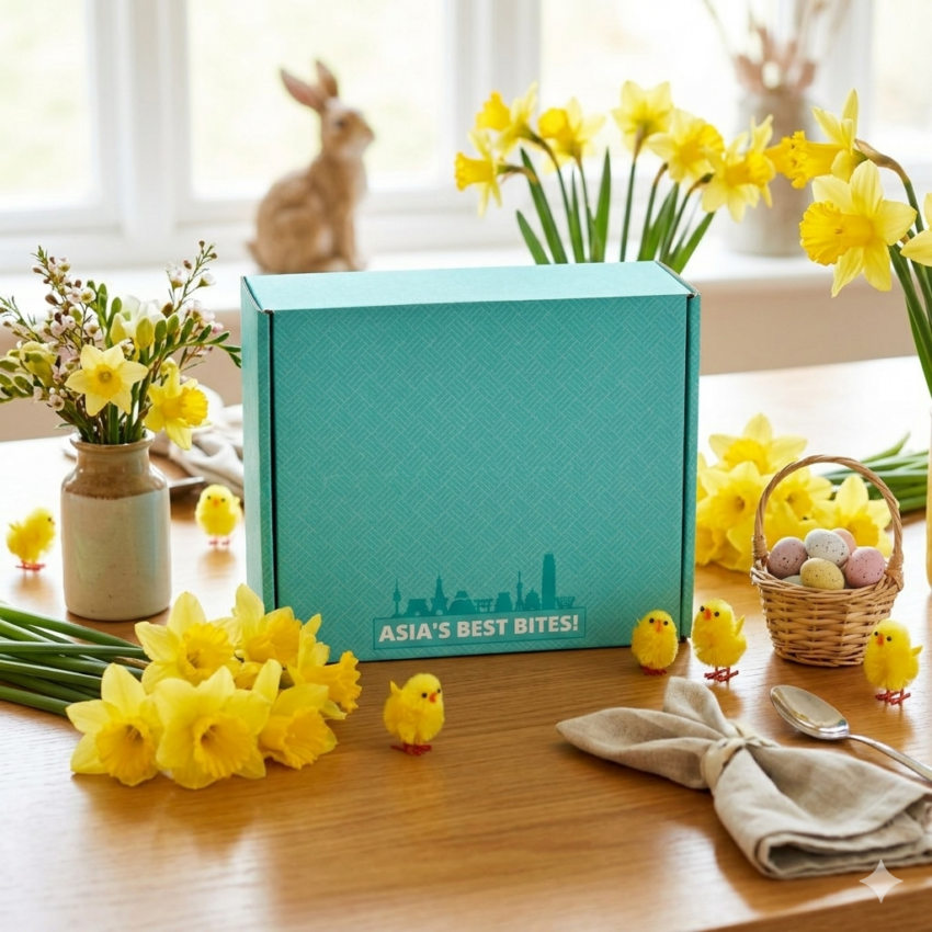 Asian snack box surrounded by easter decorations